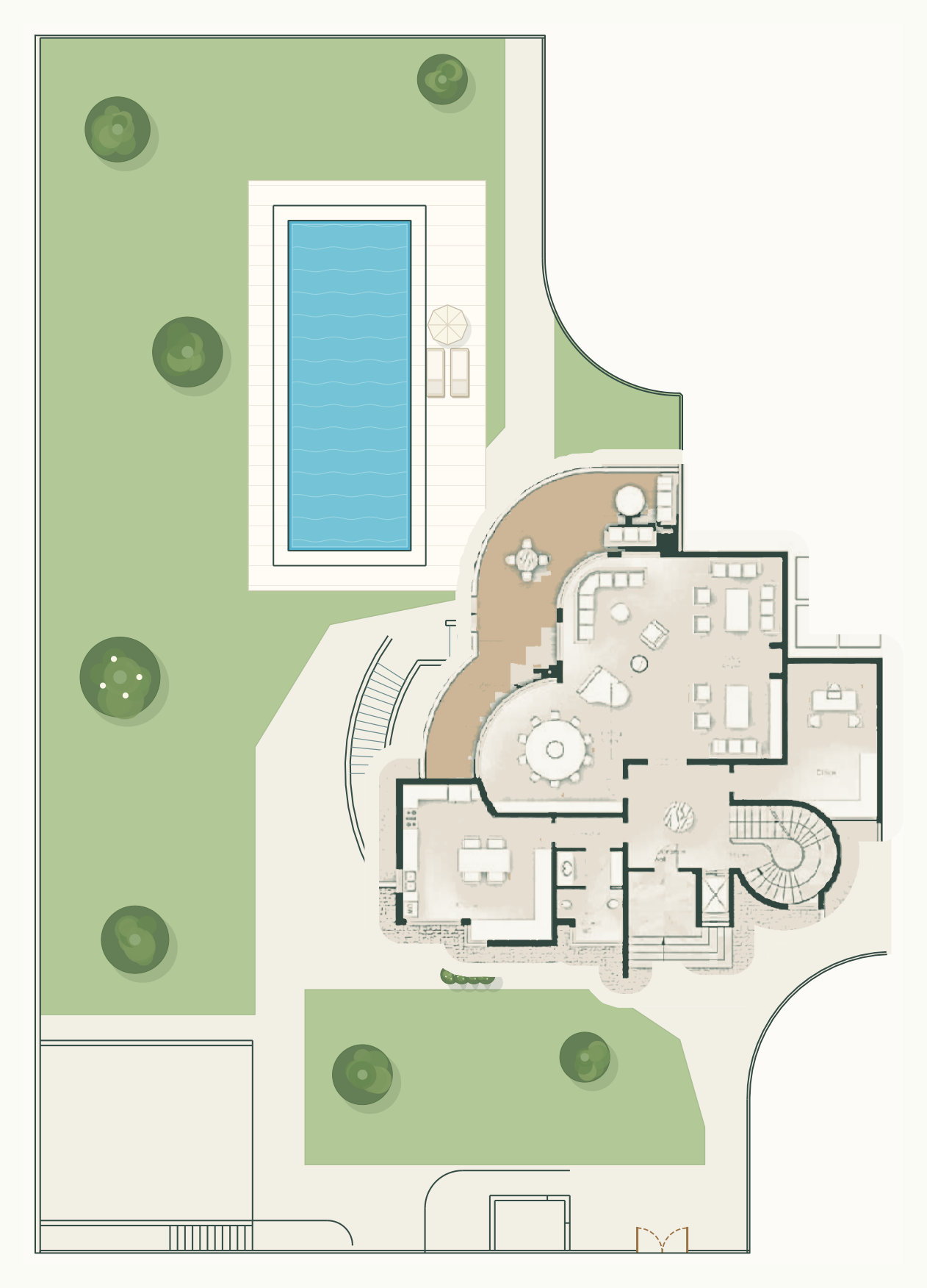 Villa A furnished ground floor layout, including walls, kitchen, terrace, garden and swimming pool